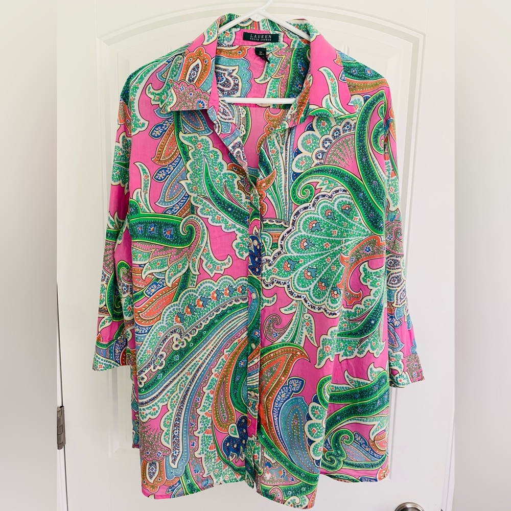 Ralph Lauren Women's 3X Paisley Button Down Shirt - Pink and Green 100% cotton